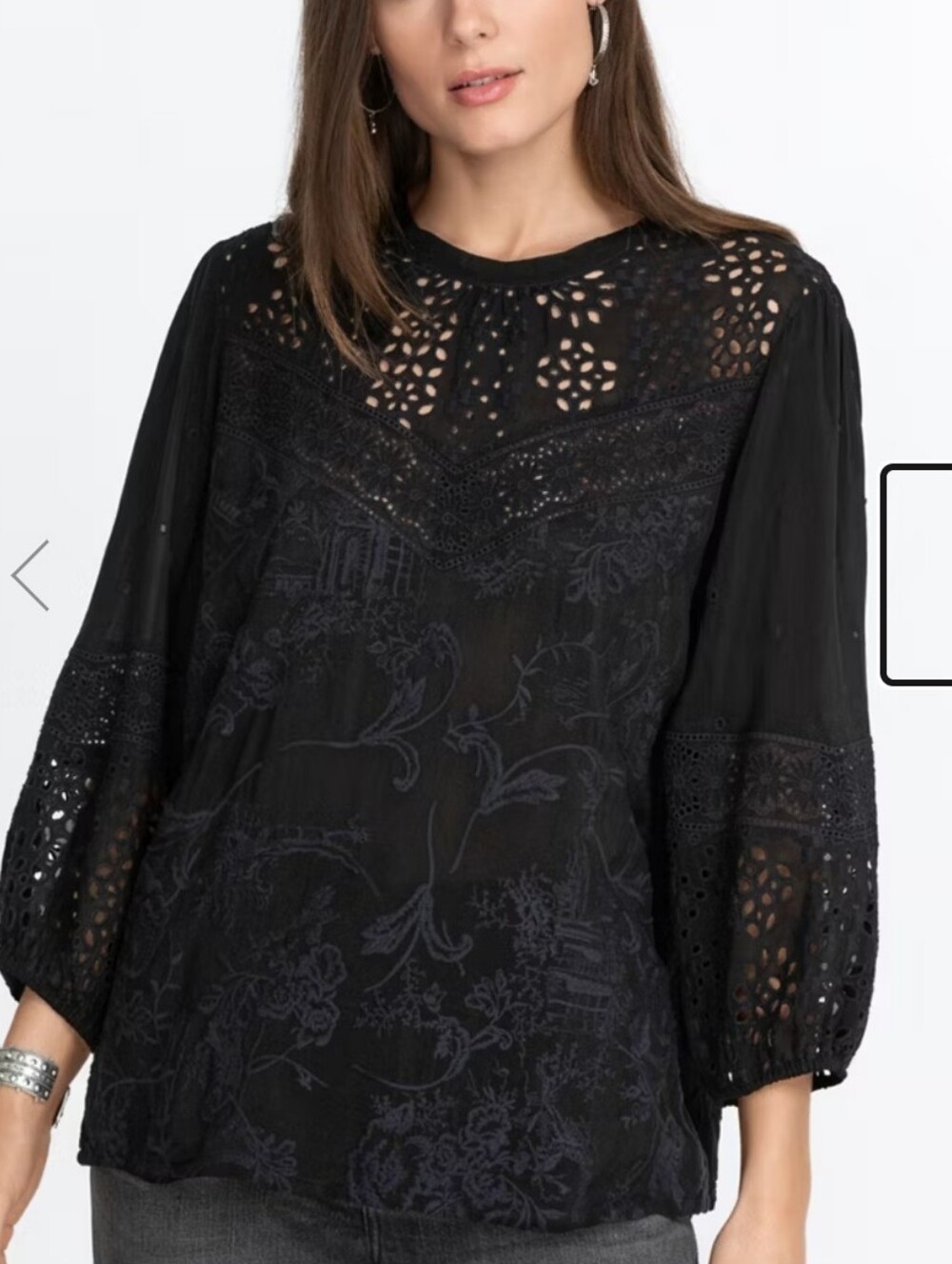 Johnny Was Black Lace Yoke Embroidered Peasant Blouse Navy Blue